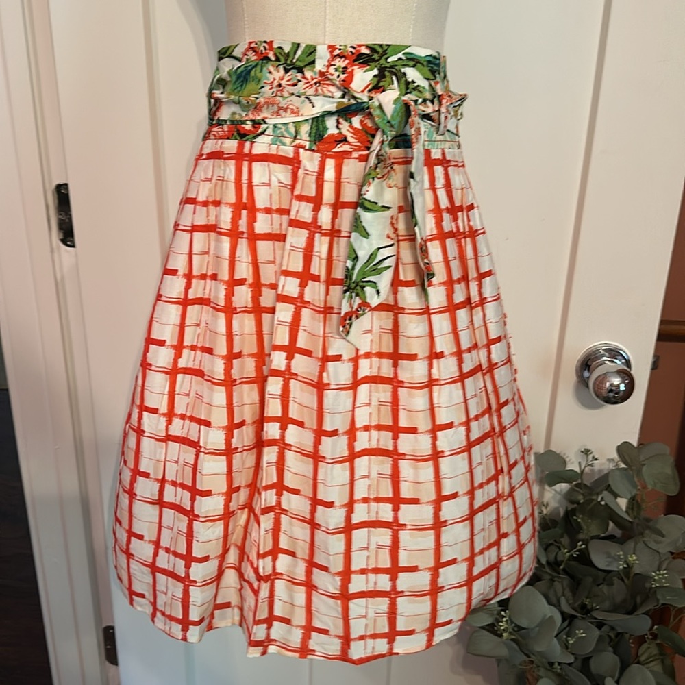 Anthropologie Maeve Country Fair knee length lined sash 4 red white green skirt
